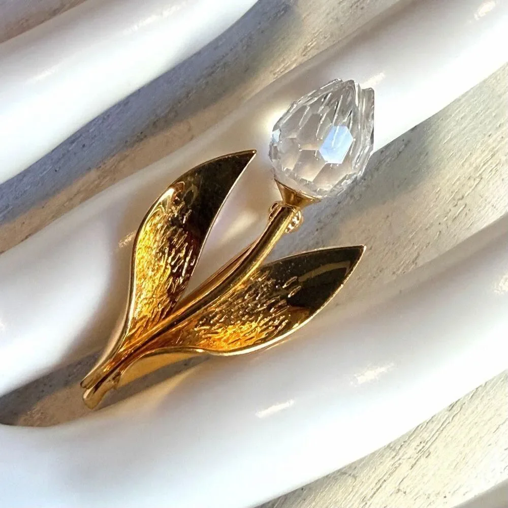 Swarovski Gold Tone Crystal Flower Brooch